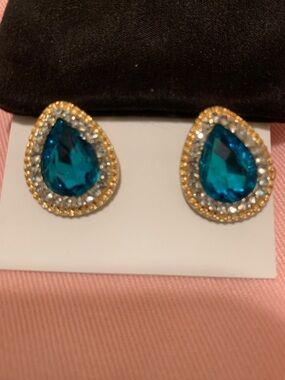 Teardrop Blue Crystal Stud Earrings with Gold and Clear Accents